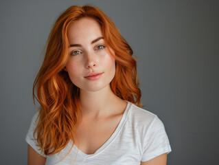 Fototapeta premium Cute young adult woman with beautiful natural long wavy red hair. Fashion make-up, clear fresh skin and curly hairstyle. Cosmetic, styling, shampoo, glance and hairdresser concept