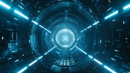 Fototapeta premium digital technology abstract blue glowing circular tunnel poster background