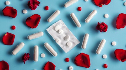 creative display showcases sanitary pads and tampons intertwined white and red pills and scattered red rose petals celebrating feminine care elegance.