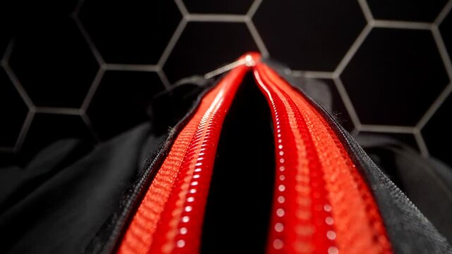 A close-up of a bright red zipper on the black fabric of the bag. A metal slider and a geometric background with hexagons add modernity and style.