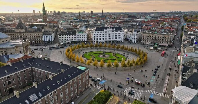 Aerial drone view of the Kongens Nytorv public square in Copenhagen, Denmark in daylight