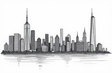 City skyline on white background. Hand drawn sketch