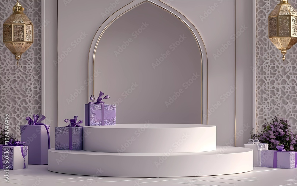 Poster 3d rendering of a white empty podium with a ramadan kareem concept background and lantern decoration