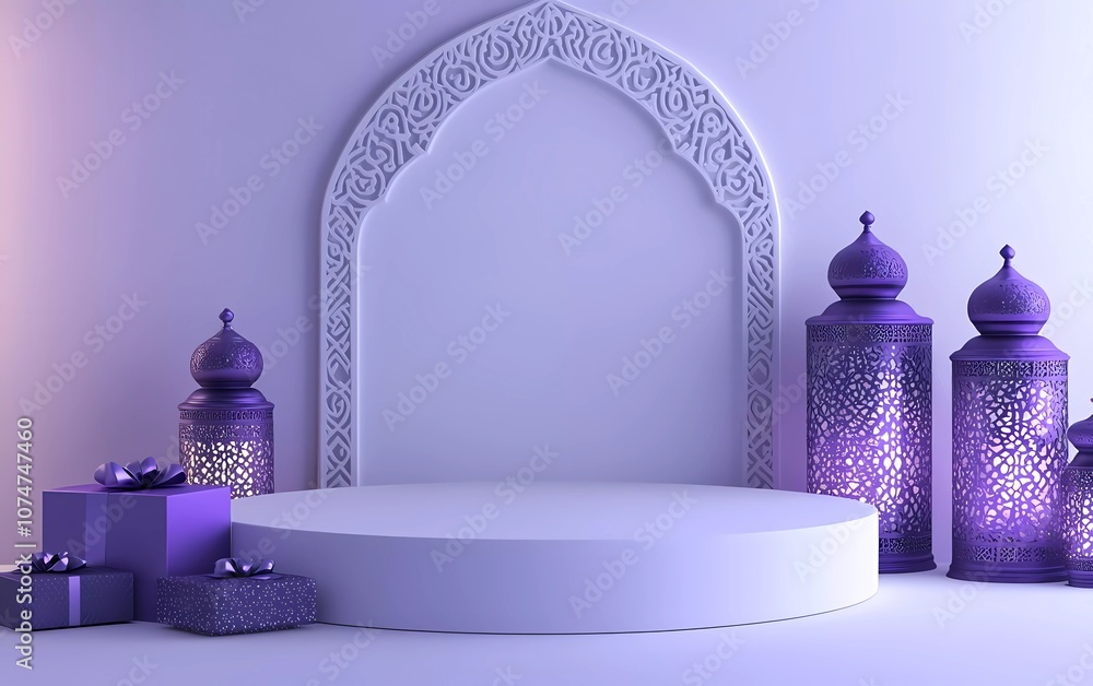 Poster 3d rendering of a white empty podium with a ramadan kareem concept background and lantern decoration
