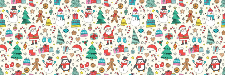 Christmas seamless pattern. Cute holiday background with cartoon ornaments. Vector illustration