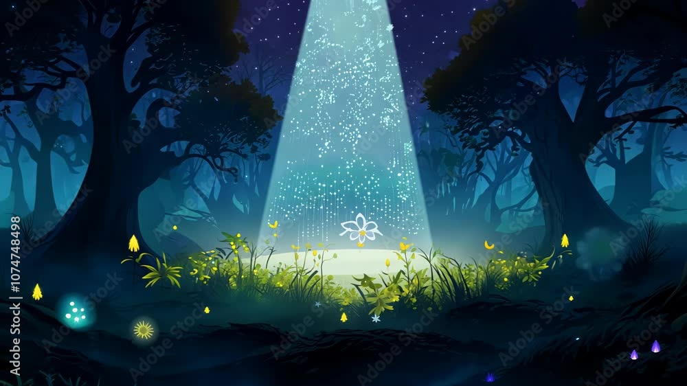 Poster mystical dark forest, where a beam of light shines down from above, illuminating a small clearing su