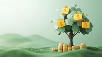 A green tree with yellow money bags growing, Business money bag tree