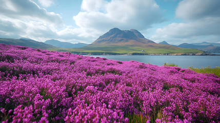 An awe-inspiring photography of the Isle of Skye during springtime, featuring dramatic cliffs, blossoming heather fields, and the rugged coastline bathed in soft morning light, creating a magical atmo