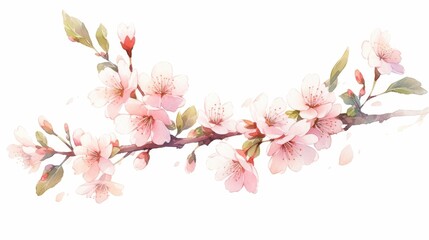 Detailed watercolor illustration of a blooming cherry tree branch with soft pink blossoms isolated illustration on white background 