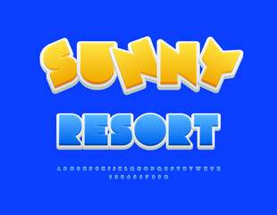 Vector travel advertisement Sunny Resort. Abstract style Font. Trendy Blue Alphabet Letters and Numbers set.