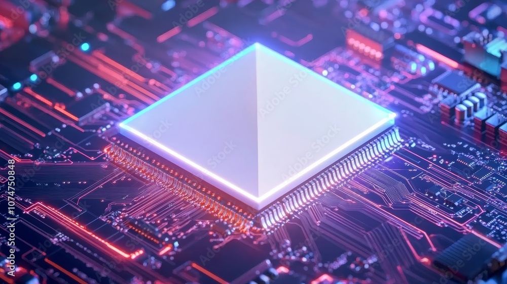Poster abstract technology background featuring a circuit board, processor, and ai chip or cpu semiconducto