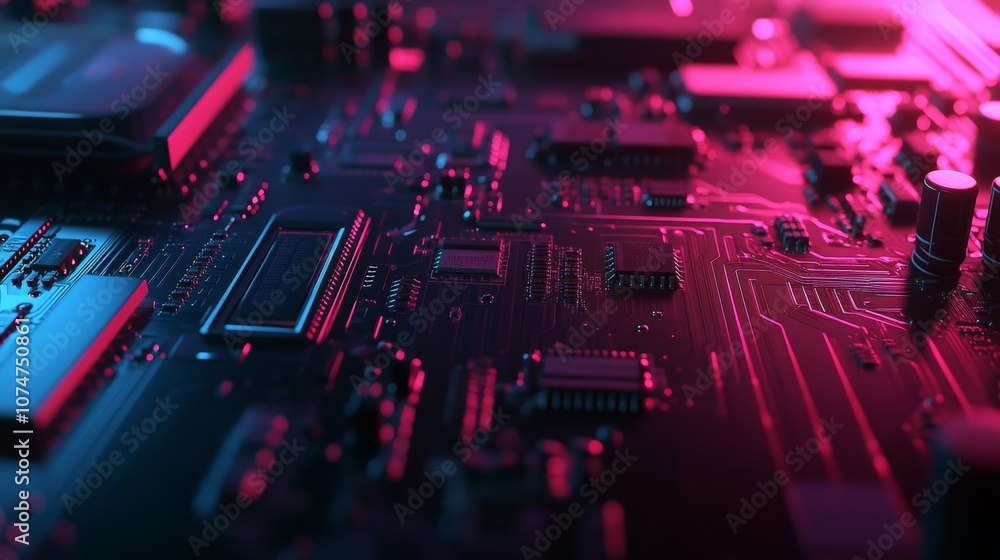 Poster abstract technology background featuring a circuit board, processor, and ai chip or cpu semiconducto