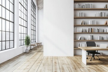 Obraz premium White wall in a modern office interior bookshelves bookshelf floor.