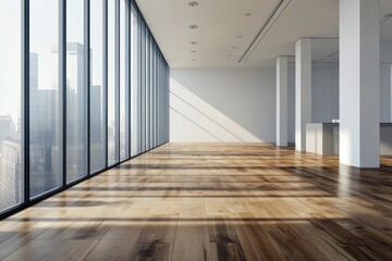 Fototapeta premium White wall in a modern office interior floor windows wooden.