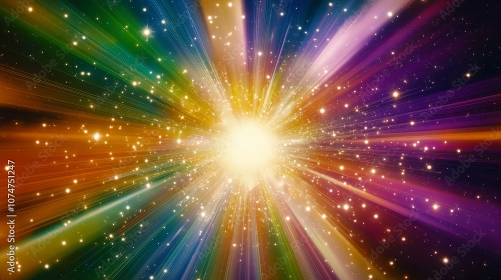 Poster colorful explosion representing the expansion of life with interconnected lines, dots, and wave flow