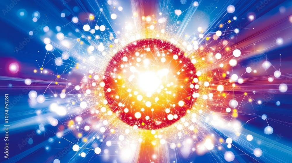 Poster colorful explosion representing the expansion of life with interconnected lines, dots, and wave flow