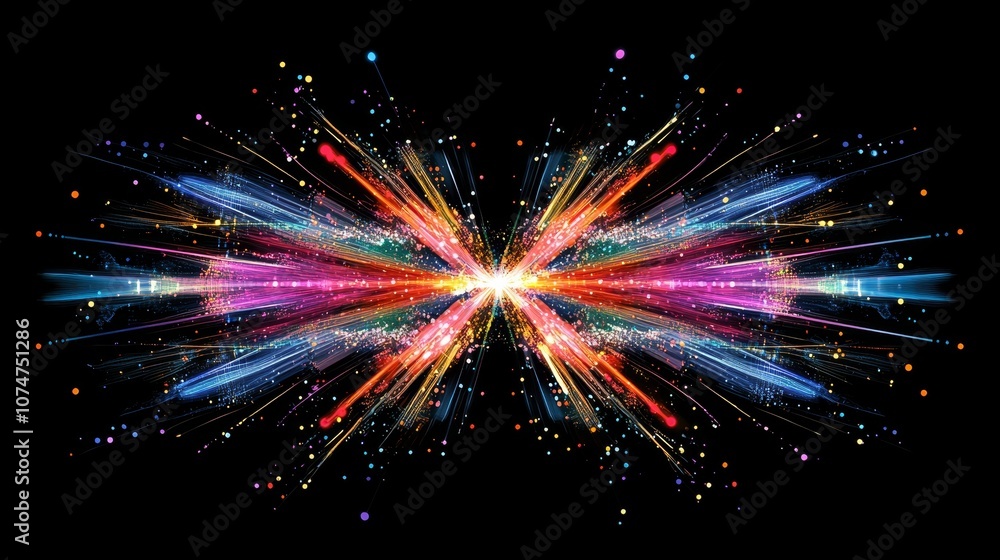 Poster colorful explosion representing the expansion of life with interconnected lines, dots, and wave flow
