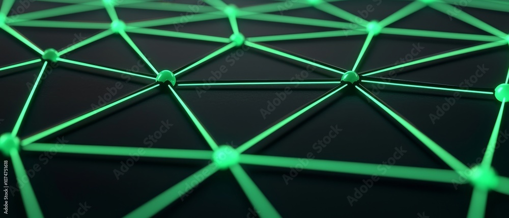 Poster a vibrant green network of interconnected lines and nodes on a dark background, symbolizing technolo