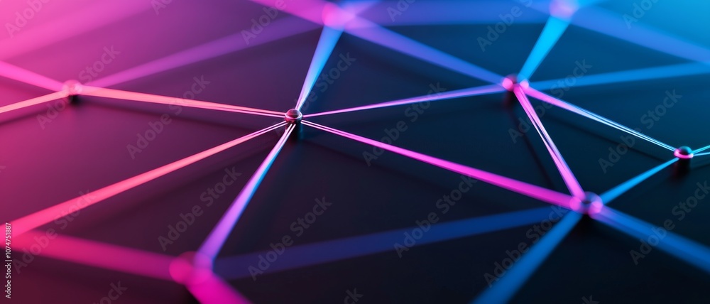 Poster a vibrant abstract pattern featuring intersecting lines and nodes, illuminated in pink and blue agai