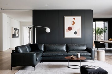 Chic Charcoal Leather Sofa and Minimalist Artwork in a Refined Open Space Design