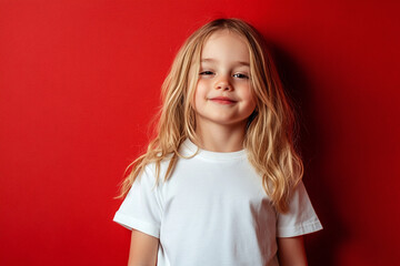 Caucasian girl with blond hair in a white T-shirt on a red background. Mockup template for brand, print and advertising. Studio shooting of a cute little model with copyspace