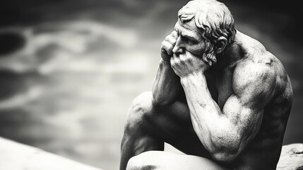 Contemplative Sculpture in Monochrome Depicting Deep Thought and Emotion for Art, Design, and Decoration, World Philosophy Day