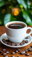 Fototapeta premium A steaming cup of black coffee surrounded by roasted beans, set against a backdrop of lush green leaves and soft bokeh lights.