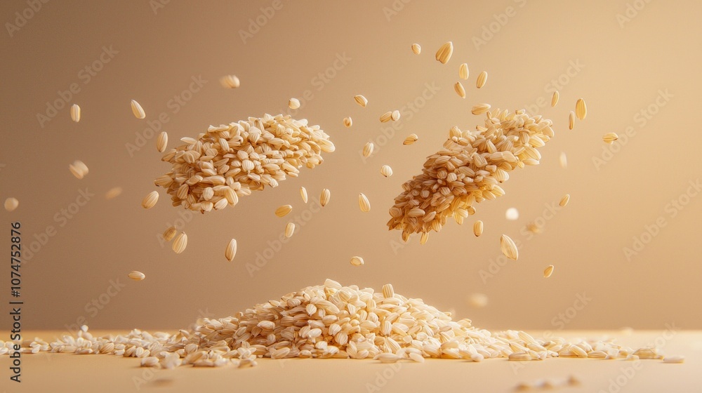 Poster rice grains hover golden surface distinct and separated beautifully highlighted bright background em