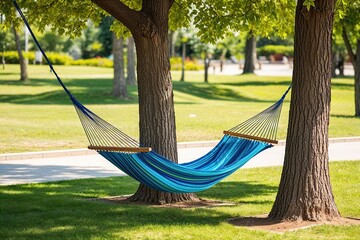 A Charming Hammock Between Two Trees in a Sunny Park for Relaxation and Outdoor Leisure