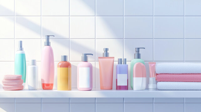 well organized shelf displays array vibrant personal hygiene products including lotions shampoos and soaps inviting refreshing self care experience.