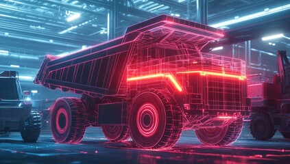 Neon Wireframe Dump Truck in Industrial Setting