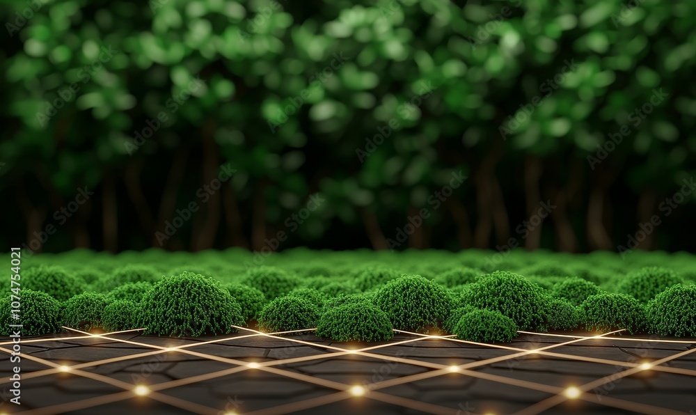 Poster a lush green landscape featuring neatly arranged shrubs on a patterned ground, illuminated by soft l
