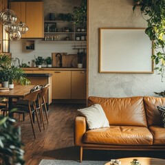 A living room with a couch, a chair, a table, and a white framed picture. The couch is brown and the chair is wooden