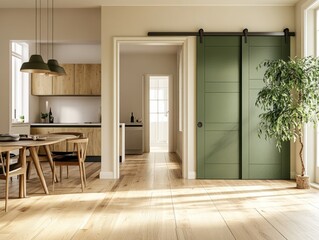 A kitchen with a green door and a potted plant. The kitchen has a table and chairs
