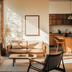 A living room with a couch, coffee table, and chairs. A white framed picture hangs on the wall