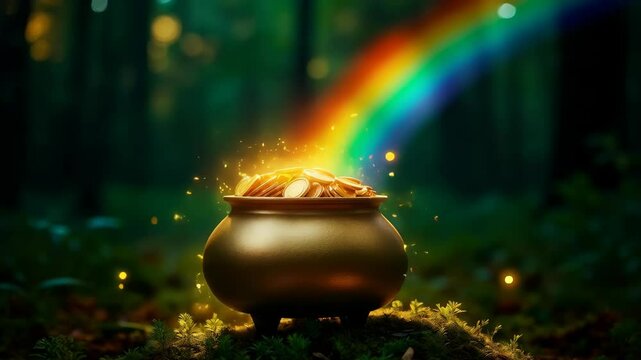 Magic leprechaun pot full of golden coins and rainbow on fairy forest. Fantasy fairy tail background. St. Patrick's day holiday. Lucky symbol
