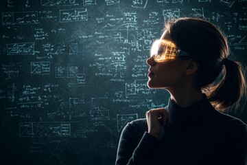 A contemplative figure with futuristic glasses gazes at complex equations on a dark background, embodying innovation and intellectual curiosity.