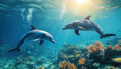 Obraz premium Two Dolphins Swimming Through a Coral Reef