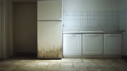 Before a bare refrigerator After a fully stocked fridge, representing financial stability from savings, close up, household savings theme, realistic, manipulation, kitchen backdrop