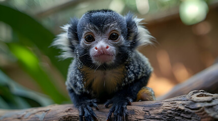 Naklejka premium Amazon Black-tufted Marmoset sitting on a branch, its expressive face and fur details visible