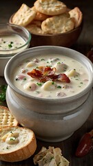 A bowl of creamy Clam Chowder with chunks of potatoes and herbs