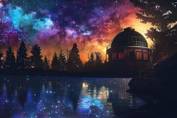 Fototapeta premium Serene Starry Night at an Enchanted Observatory Overlooking a Tranquil Lakefront Landscape