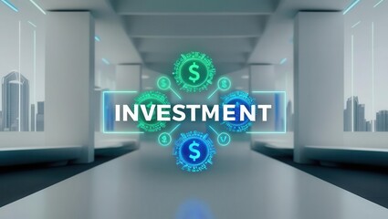 Investment Growth: Futuristic hallway showcasing the word "INVESTMENT" with glowing dollar signs, symbolizing financial growth and opportunity.