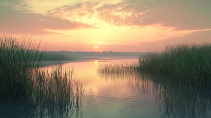 Fototapeta premium Tranquil Coastal Marshland at Sunset with Serene Reflection