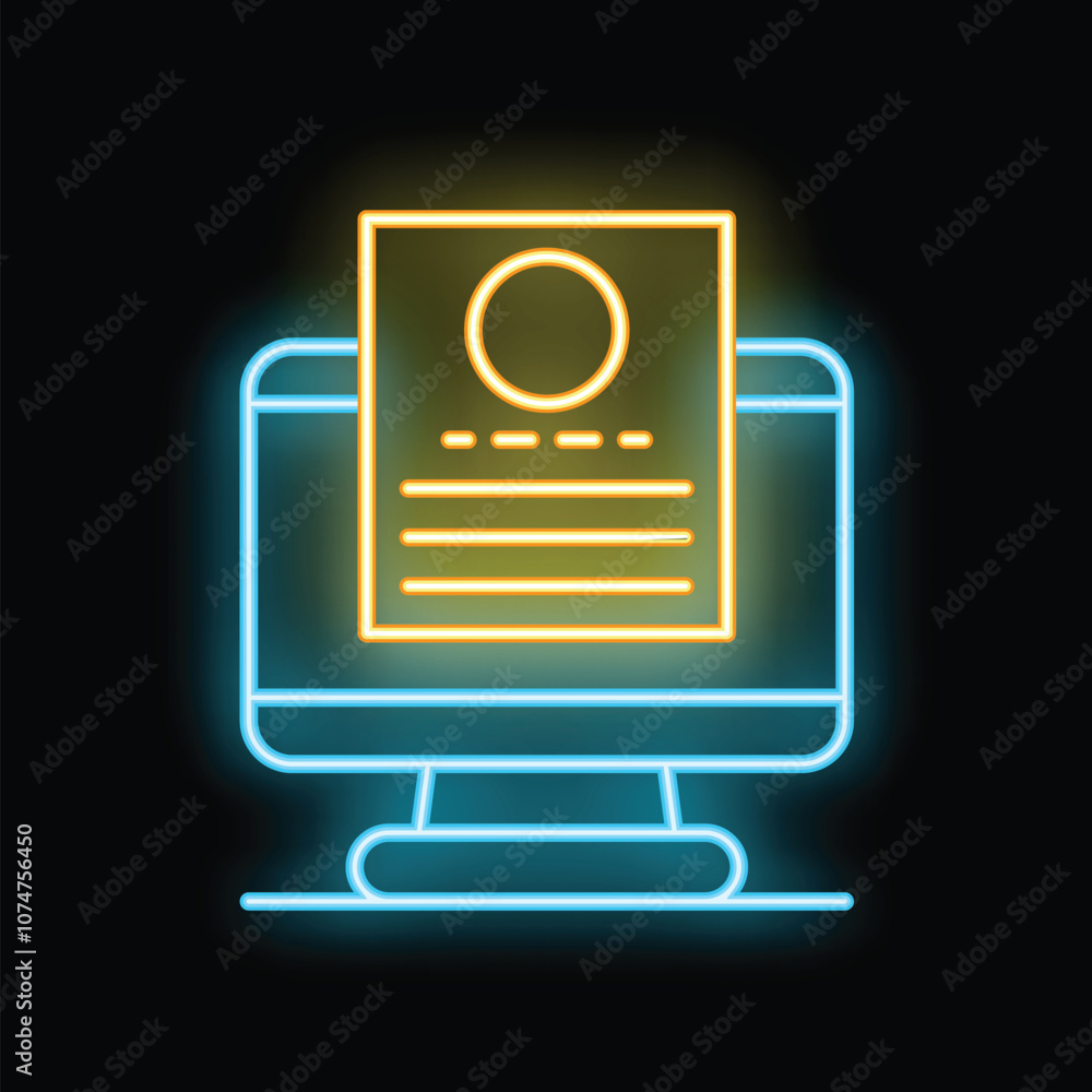 Poster neon icon of a computer displaying a document with a user profile, representing online identity and 