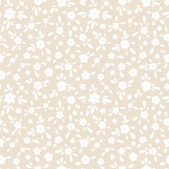 Seamless pattern with tiny ditsy florals on beige background. Rustic small flowers repeat wallpaper.