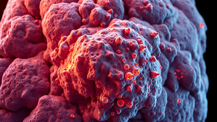 A vivid illustration of a soft tissue sarcoma tumor growth, showcasing chaotic cancer cells infiltrating surrounding