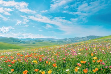Fototapeta premium Vibrant Field of Wildflowers Blooming in Serene Countryside Landscape