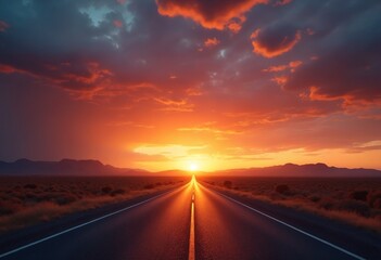 Desert highway at sunset through the open countryside with dramatic clouds and vibrant colors