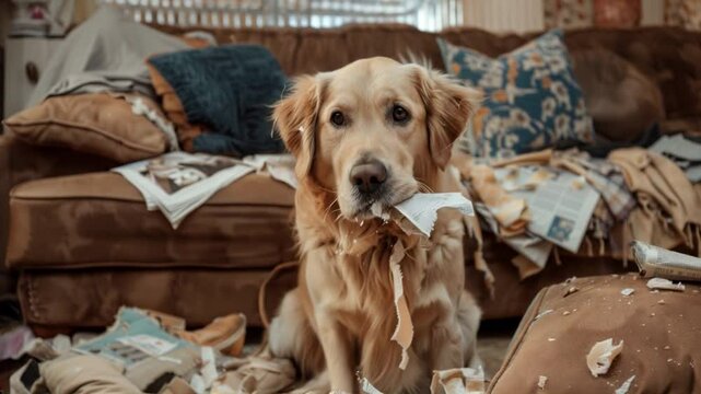 Golden retriever caught making a mess in the living room, surrounded by shredded newspapers and torn cushions, displaying a guilty yet playful expression. Video made using Generative AI.